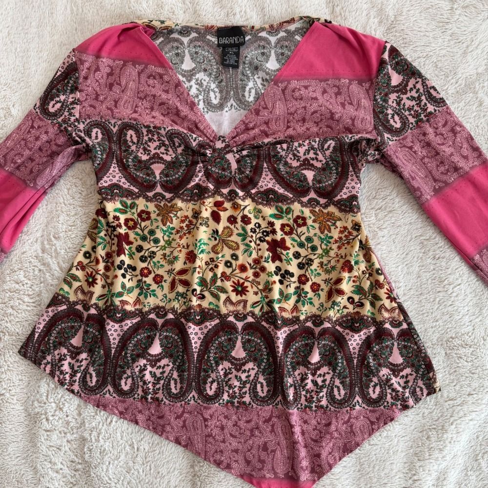 Baranda Womens XL Pink Paisley Floral Y2K Boho Asymetrical Hem Top